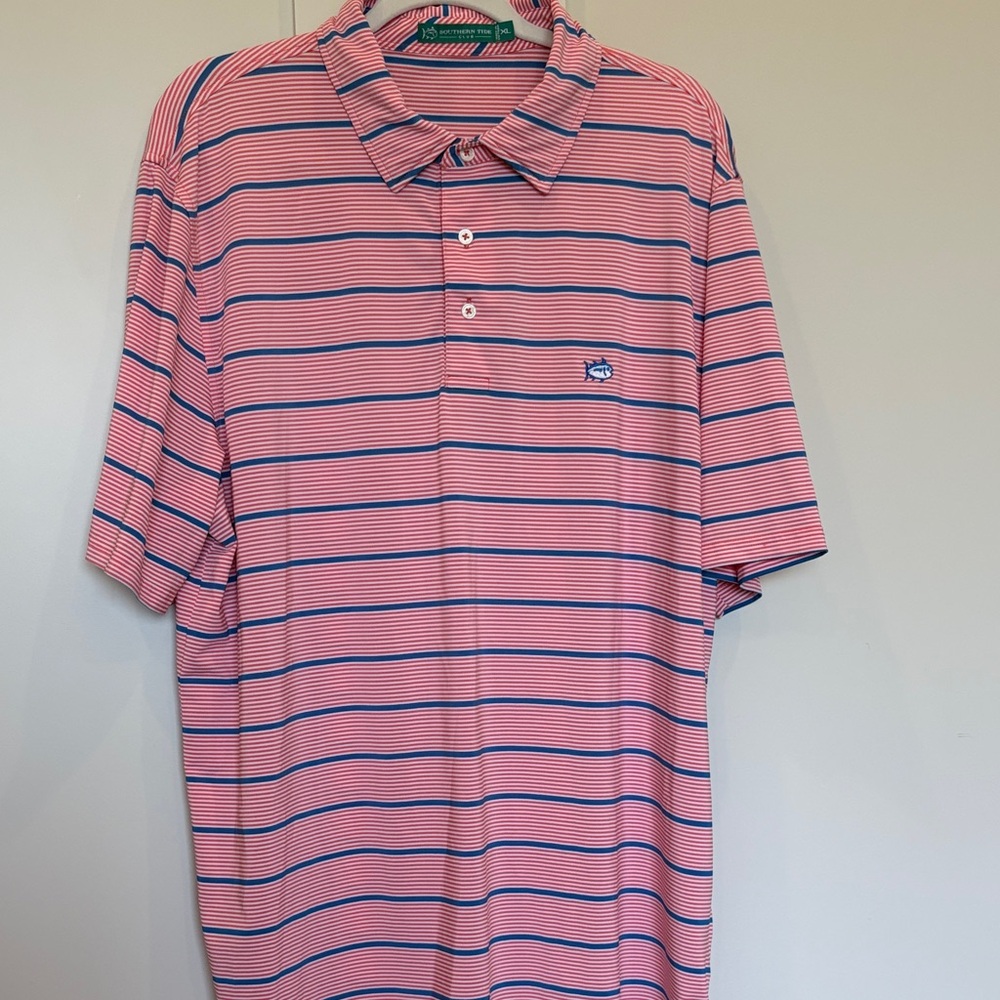 Southern Tide Pink with Navy Stripe Men’s Polo